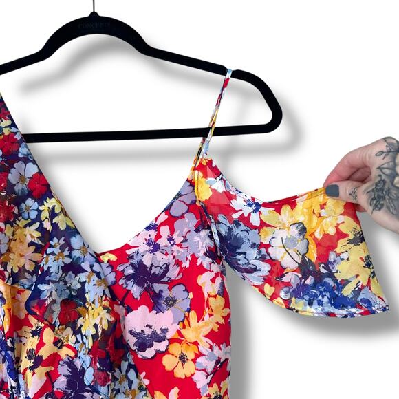 Lulus NWOT Radiant Ruby Red Floral Print Chiffon Asymmetrical Maxi Dress Small - Picture 7 of 11